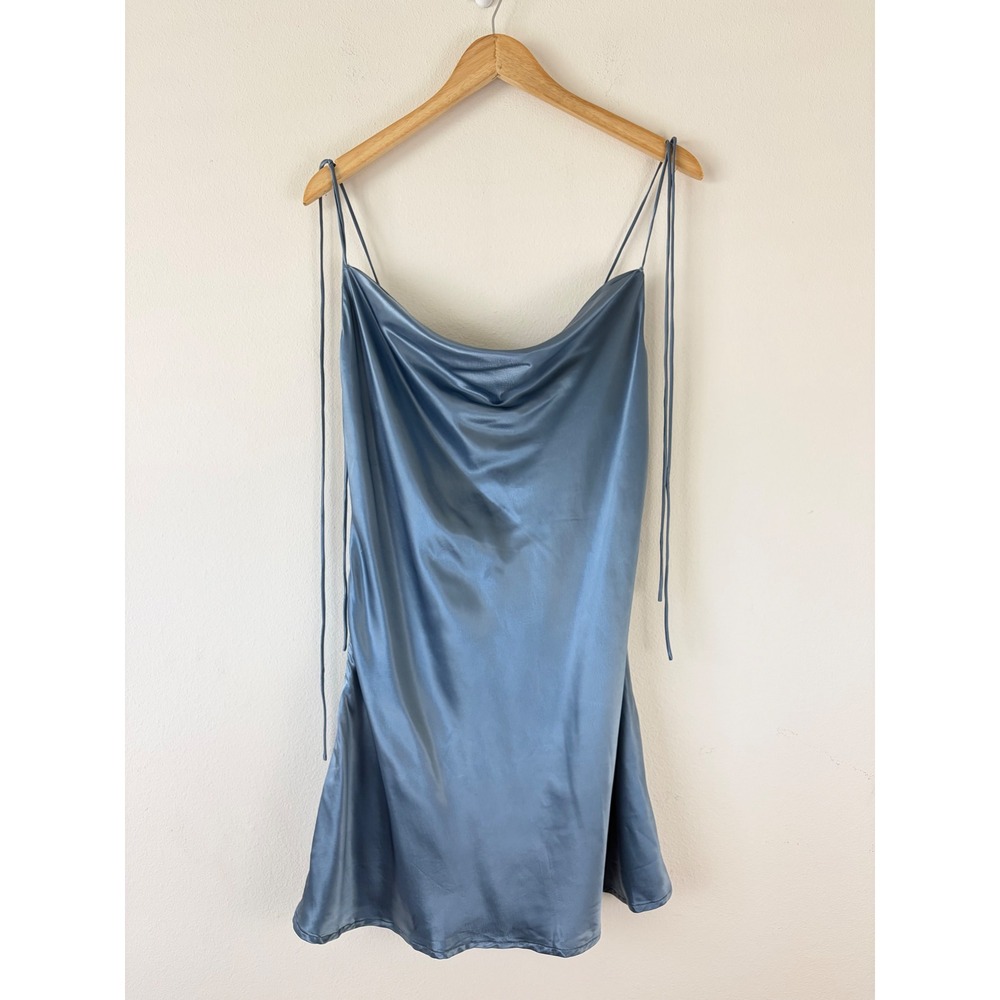 Satin Cowl Neck Y2K Mini Slip Dress Steel‎ Blue Spaghetti Strap Party Slip Dress